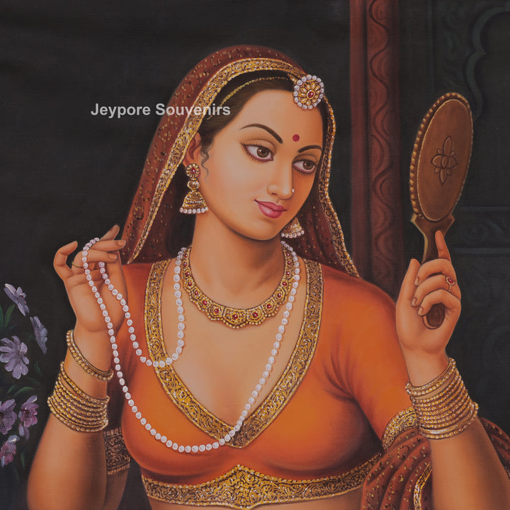 Rajasthani Woman Adorning Herself Hand-Painted Canvas Painting