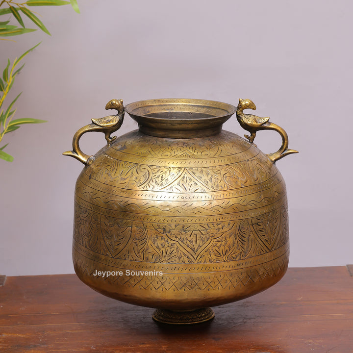 Vintage Handcrafted Brass Peacock Planter Pot with Intricate Engraving
