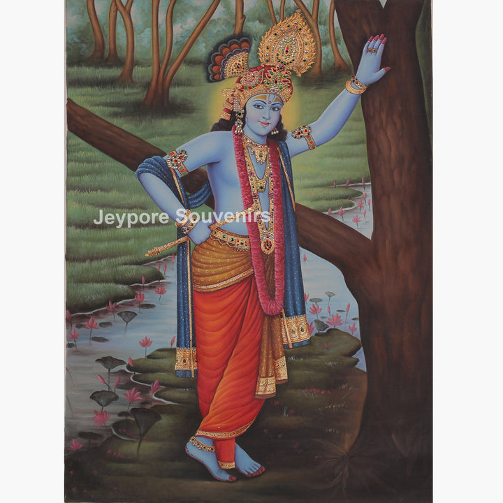 Lord Krishna Standing Canvas Painting With Tree by the River