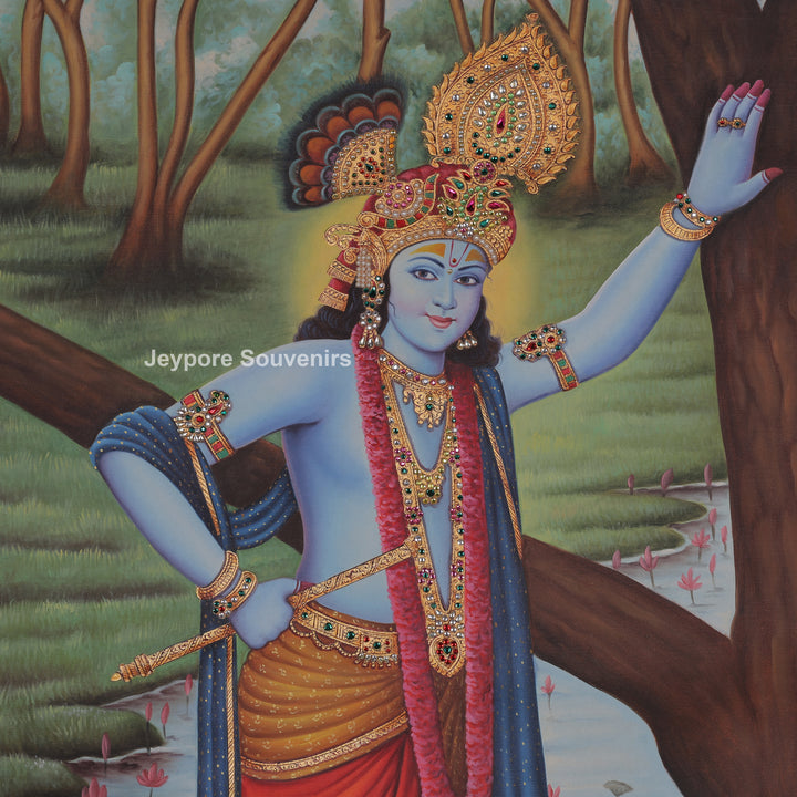 Lord Krishna Standing Canvas Painting With Tree by the River