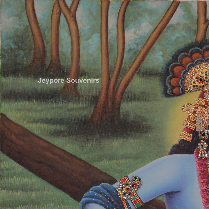 Lord Krishna Standing Canvas Painting With Tree by the River