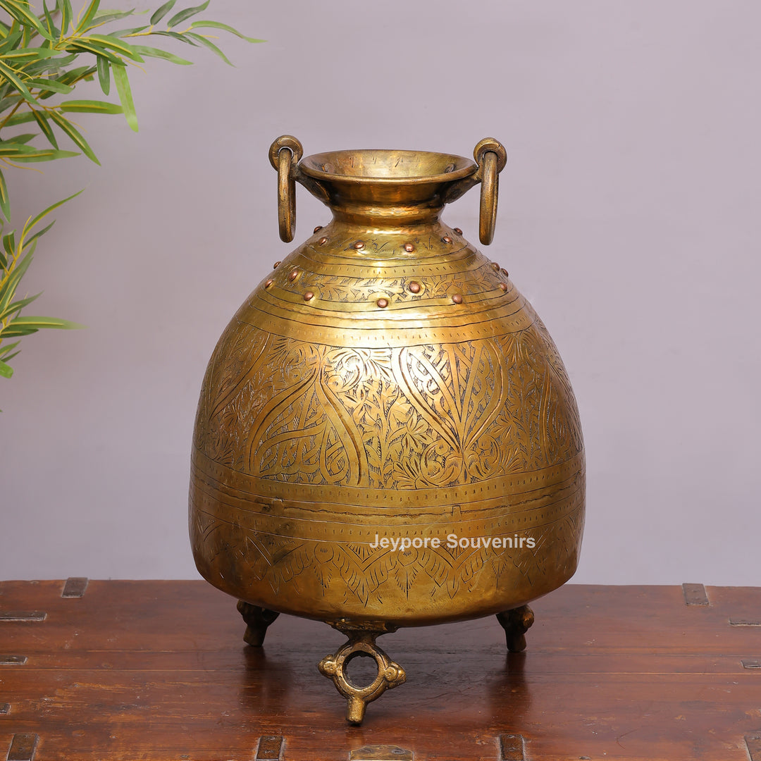 Handcrafted Antique Brass Planter Pot with Ring Handles