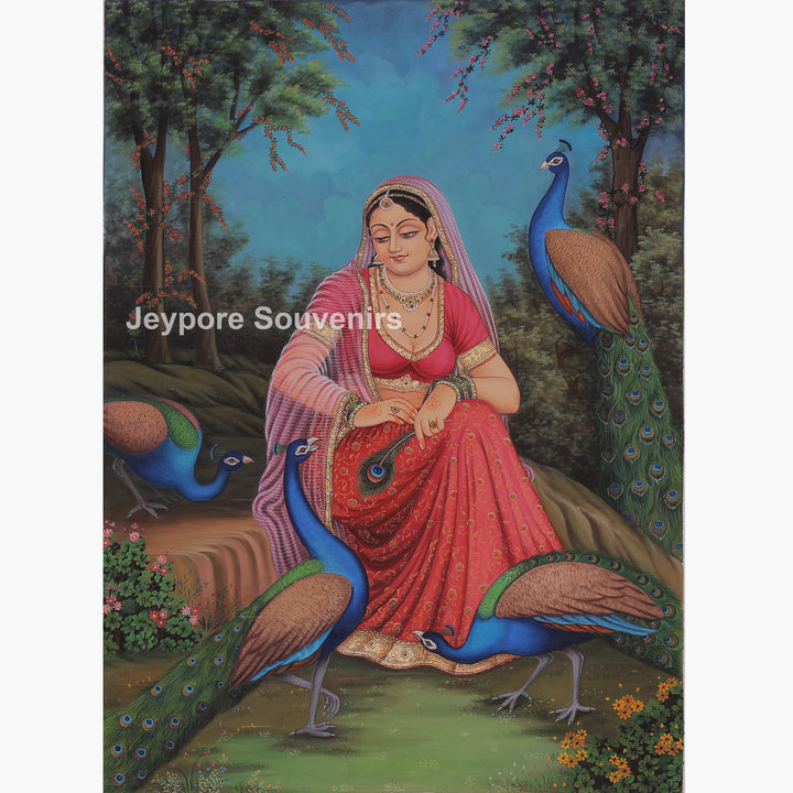 Traditional Rajasthani Lady with Peacocks Canvas Painting