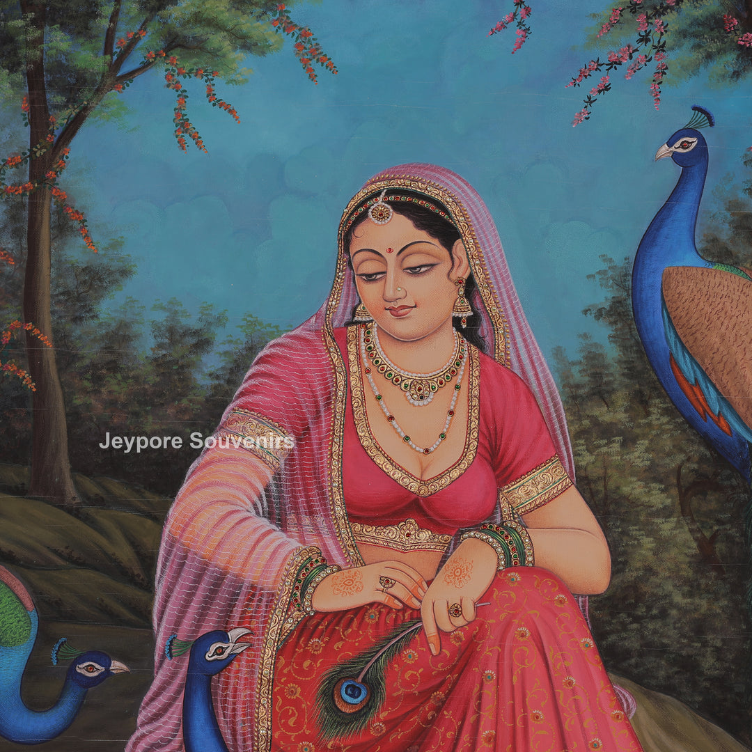 Traditional Rajasthani Lady with Peacocks Canvas Painting