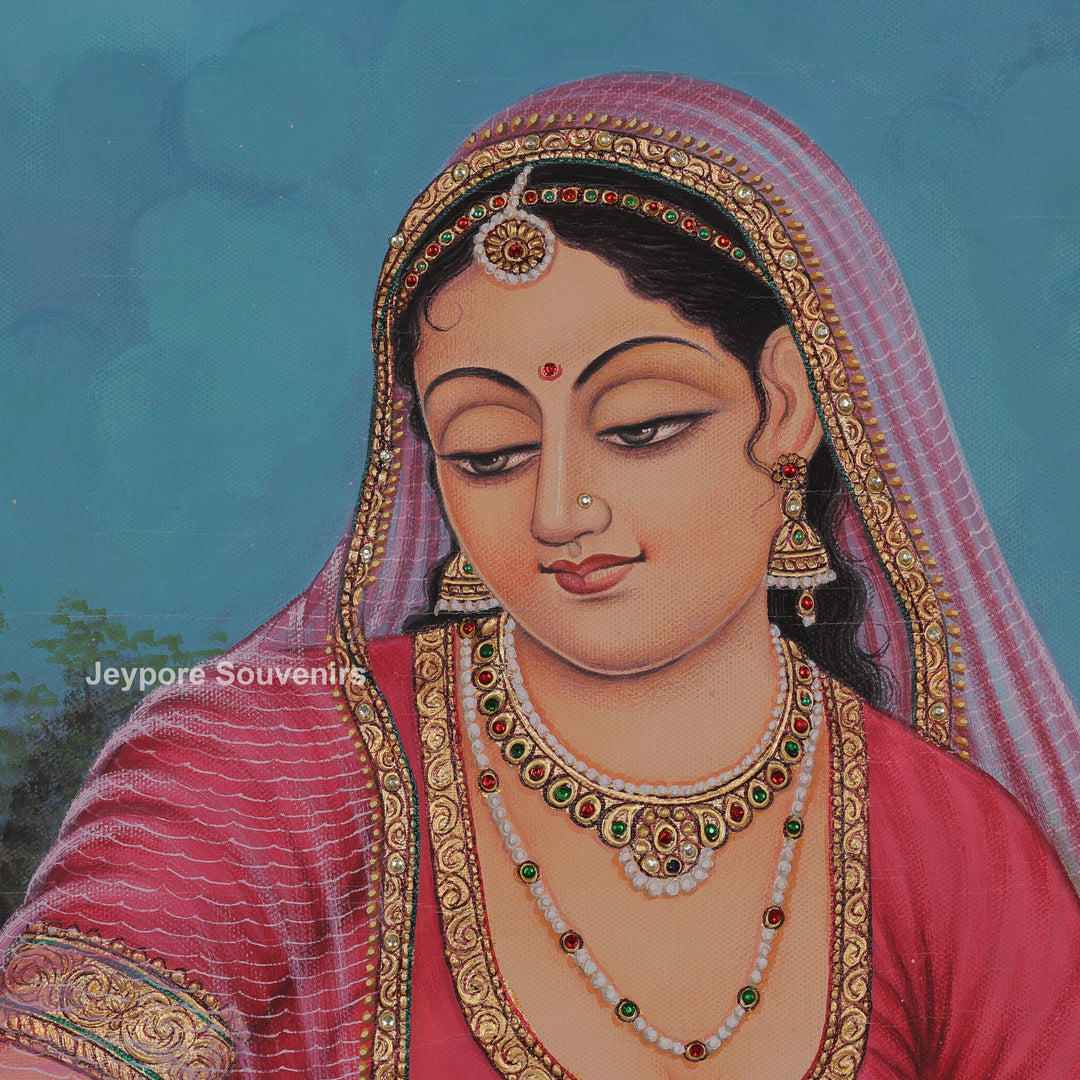 Traditional Rajasthani Lady with Peacocks Canvas Painting