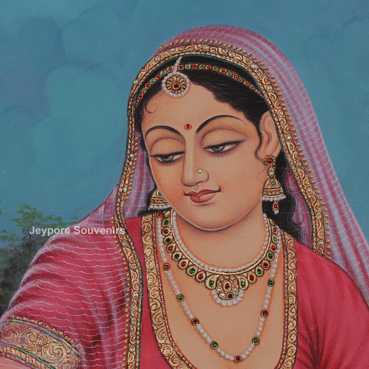 Traditional Rajasthani Lady with Peacocks Canvas Painting