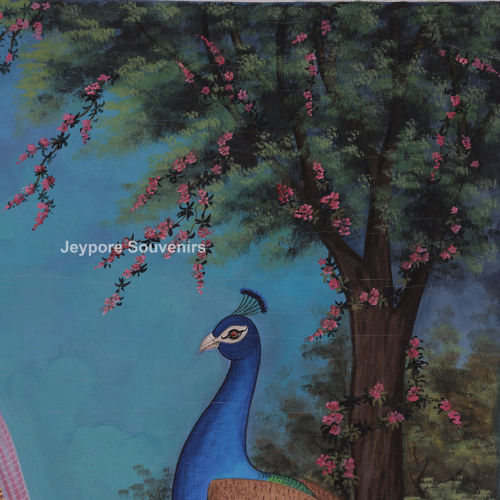 Traditional Rajasthani Lady with Peacocks Canvas Painting