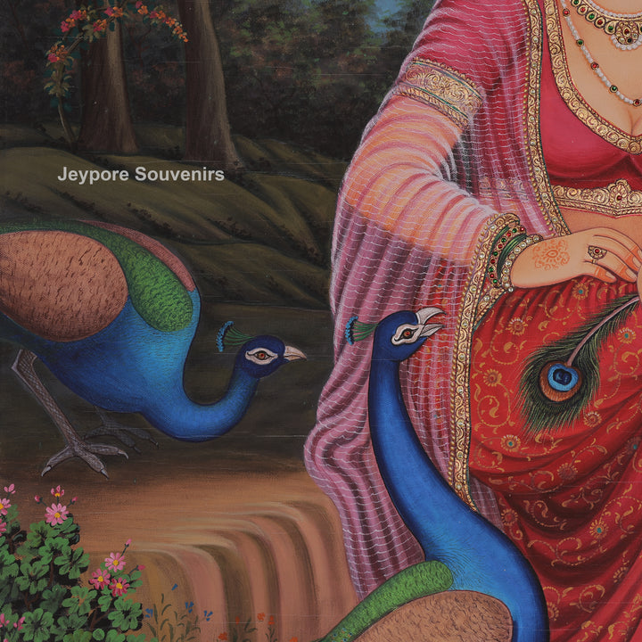 Traditional Rajasthani Lady with Peacocks Canvas Painting