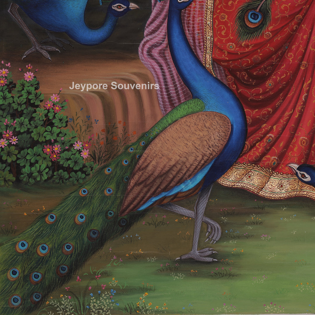 Traditional Rajasthani Lady with Peacocks Canvas Painting