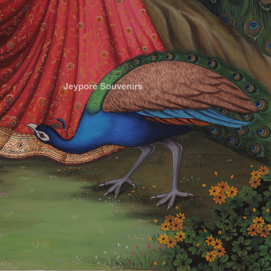 Traditional Rajasthani Lady with Peacocks Canvas Painting