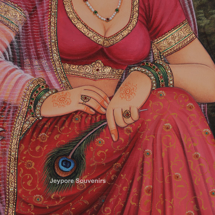 Traditional Rajasthani Lady with Peacocks Canvas Painting