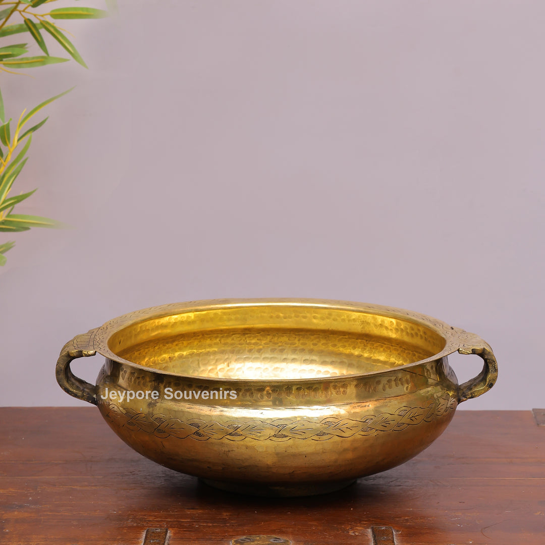 Handcrafted Hammered Brass Urli Bowl with Floral Embossing &amp; Side Handles