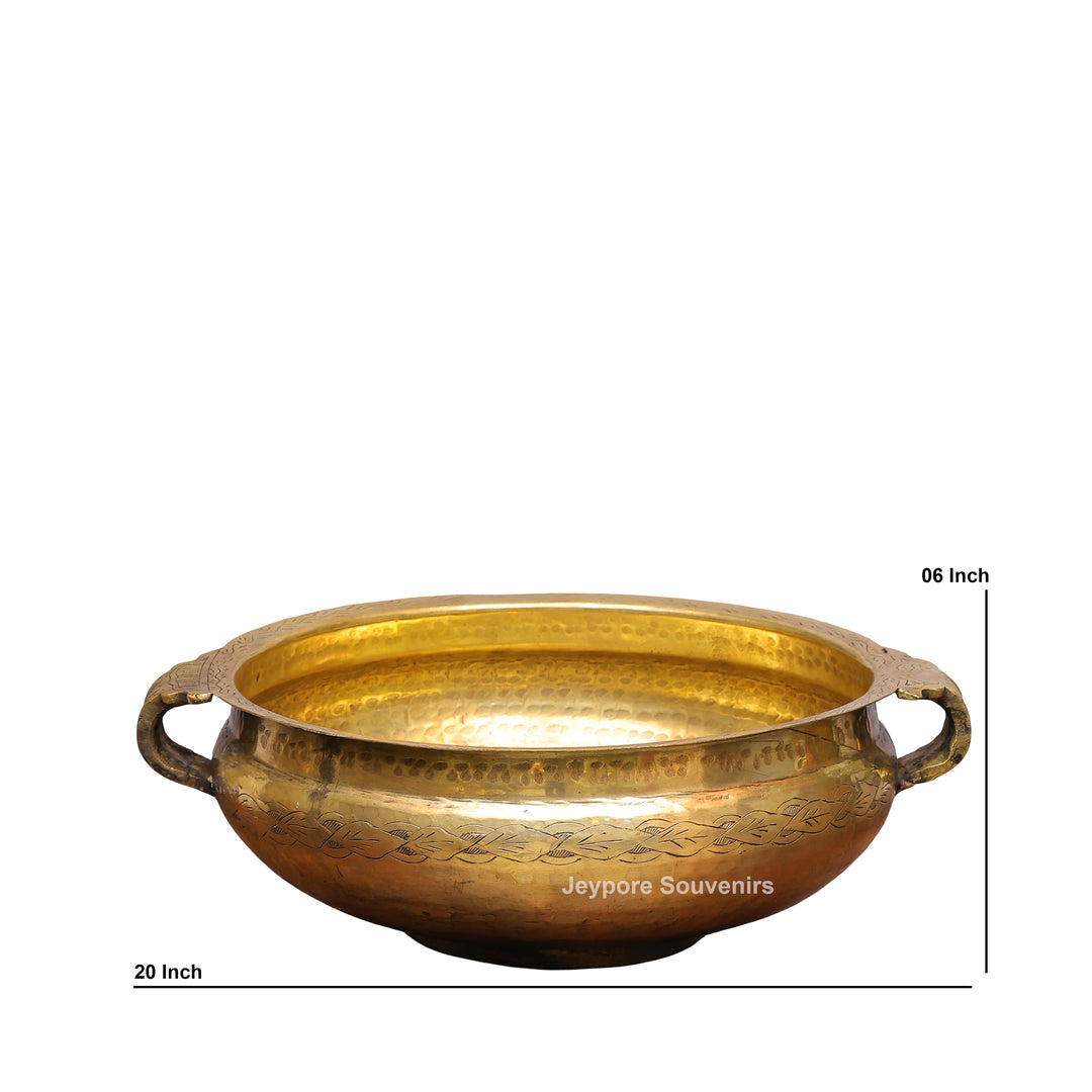 Handcrafted Hammered Brass Urli Bowl with Floral Embossing &amp; Side Handles