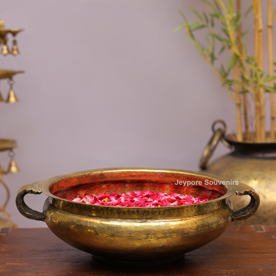 Handcrafted Hammered Brass Urli Bowl with Floral Embossing &amp; Side Handles
