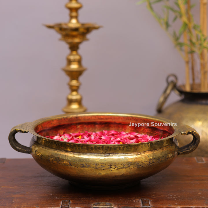 Handcrafted Hammered Brass Urli Bowl with Floral Embossing &amp; Side Handles