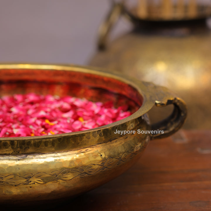 Handcrafted Hammered Brass Urli Bowl with Floral Embossing &amp; Side Handles