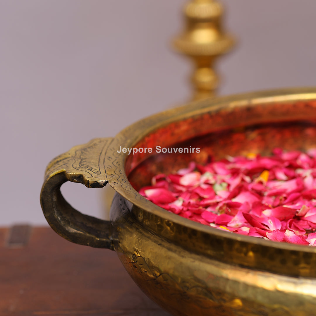Handcrafted Hammered Brass Urli Bowl with Floral Embossing &amp; Side Handles