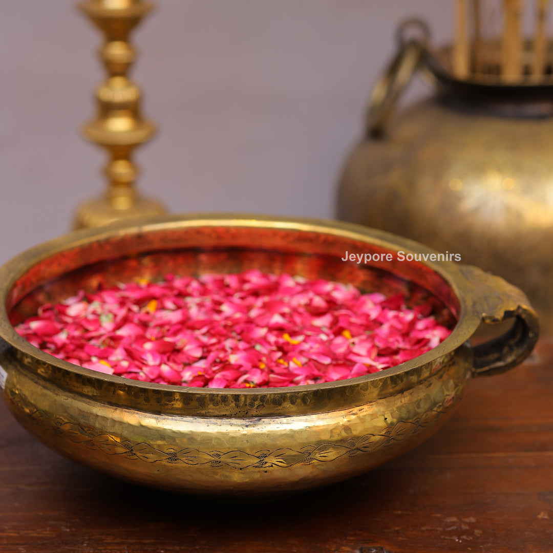 Handcrafted Hammered Brass Urli Bowl with Floral Embossing &amp; Side Handles