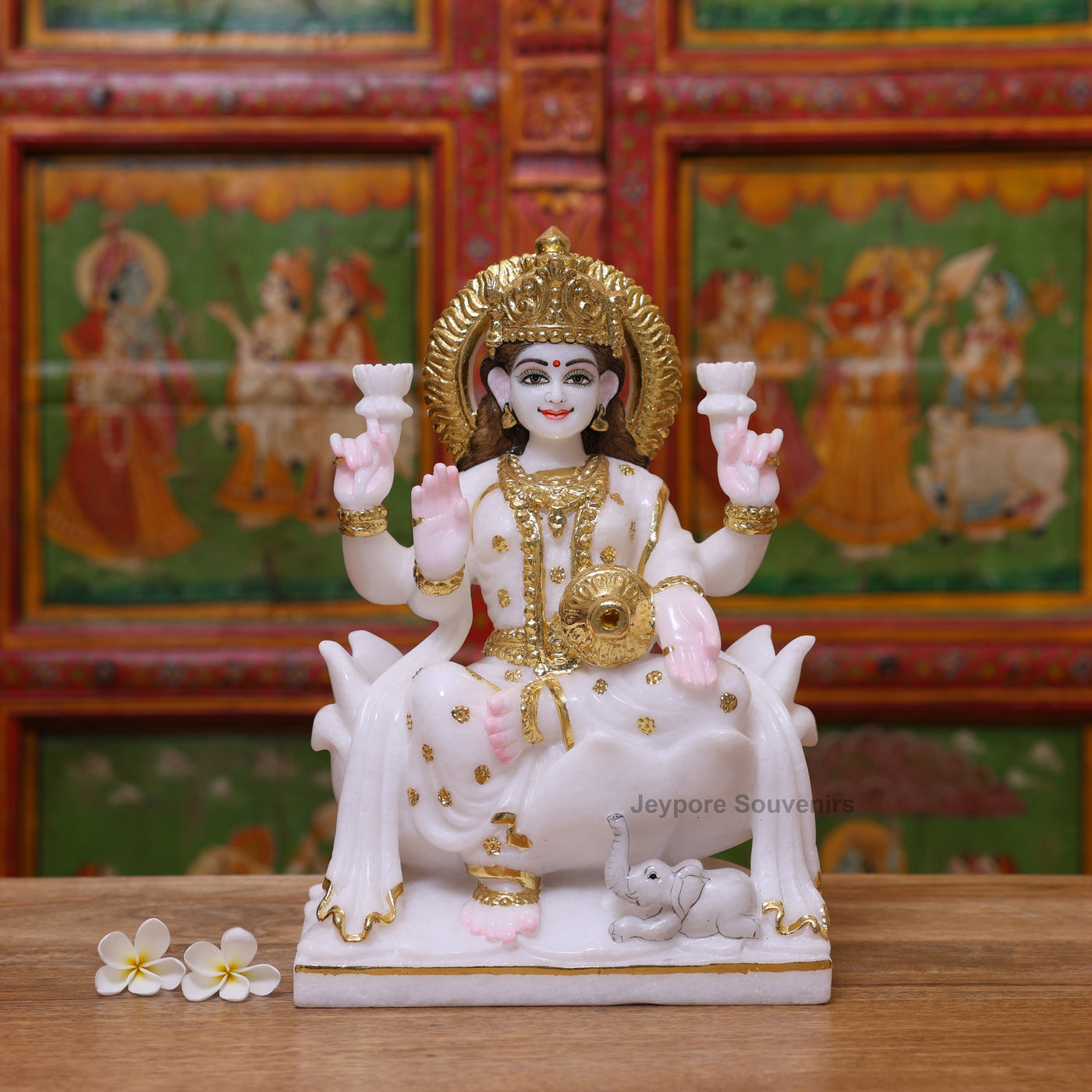 Exquisite 12" White Marble Goddess Lakshmi Statue with Real Gold Leaf Work