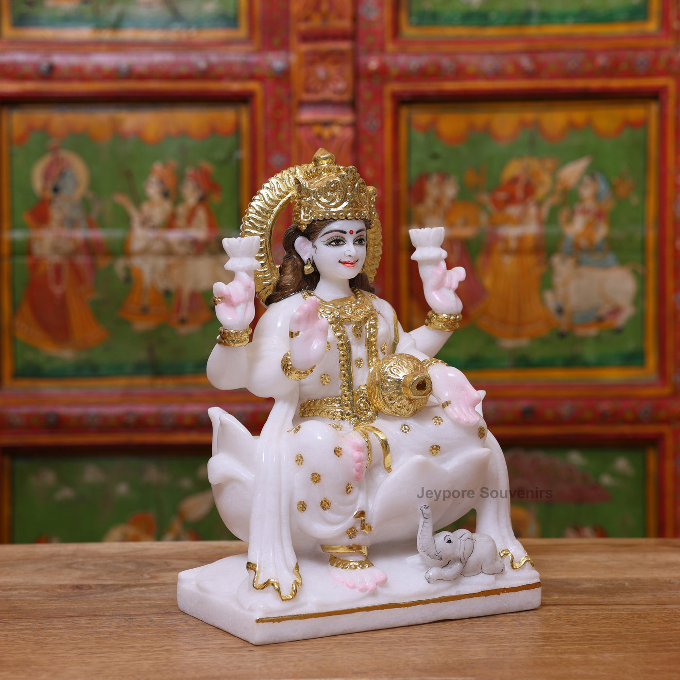 Exquisite 12" White Marble Goddess Lakshmi Statue with Real Gold Leaf Work
