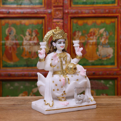 Exquisite 12" White Marble Goddess Lakshmi Statue with Real Gold Leaf Work