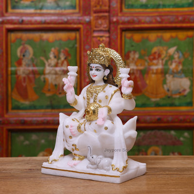 Exquisite 12" White Marble Goddess Lakshmi Statue with Real Gold Leaf Work