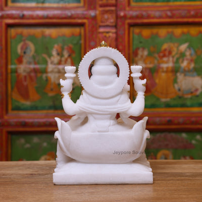 Exquisite 12" White Marble Goddess Lakshmi Statue with Real Gold Leaf Work