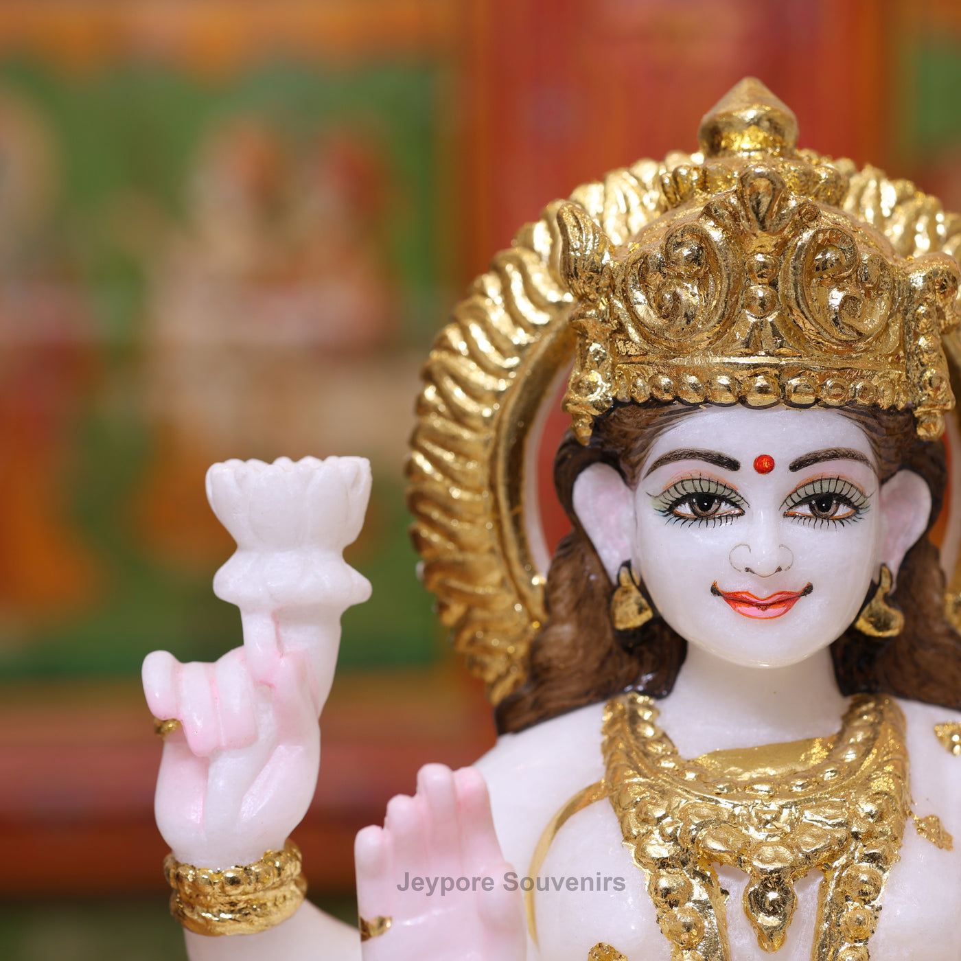 Exquisite 12" White Marble Goddess Lakshmi Statue with Real Gold Leaf Work