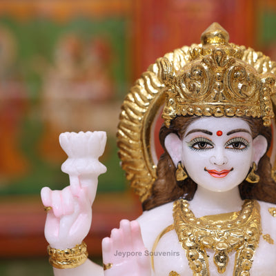 Exquisite 12" White Marble Goddess Lakshmi Statue with Real Gold Leaf Work