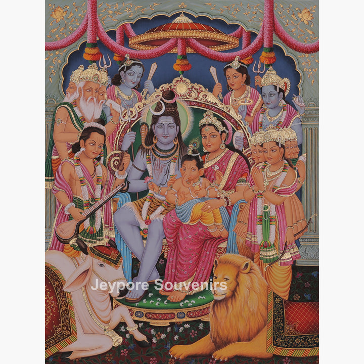 Shiv Darbar Canvas Painting | Handcrafted Divine Shiva Family Wall Art