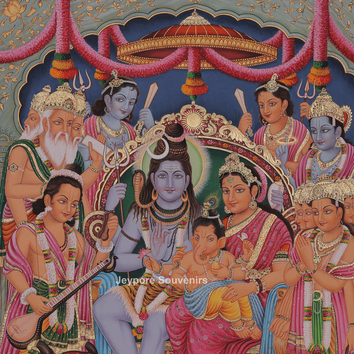 Shiv Darbar Canvas Painting | Handcrafted Divine Shiva Family Wall Art