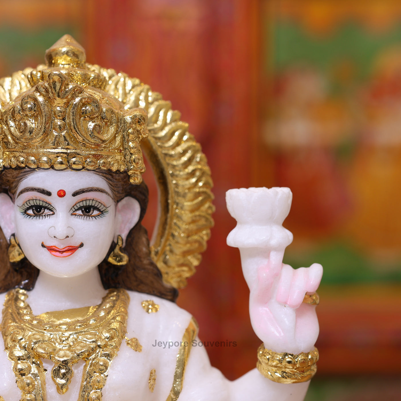 Exquisite 12" White Marble Goddess Lakshmi Statue with Real Gold Leaf Work