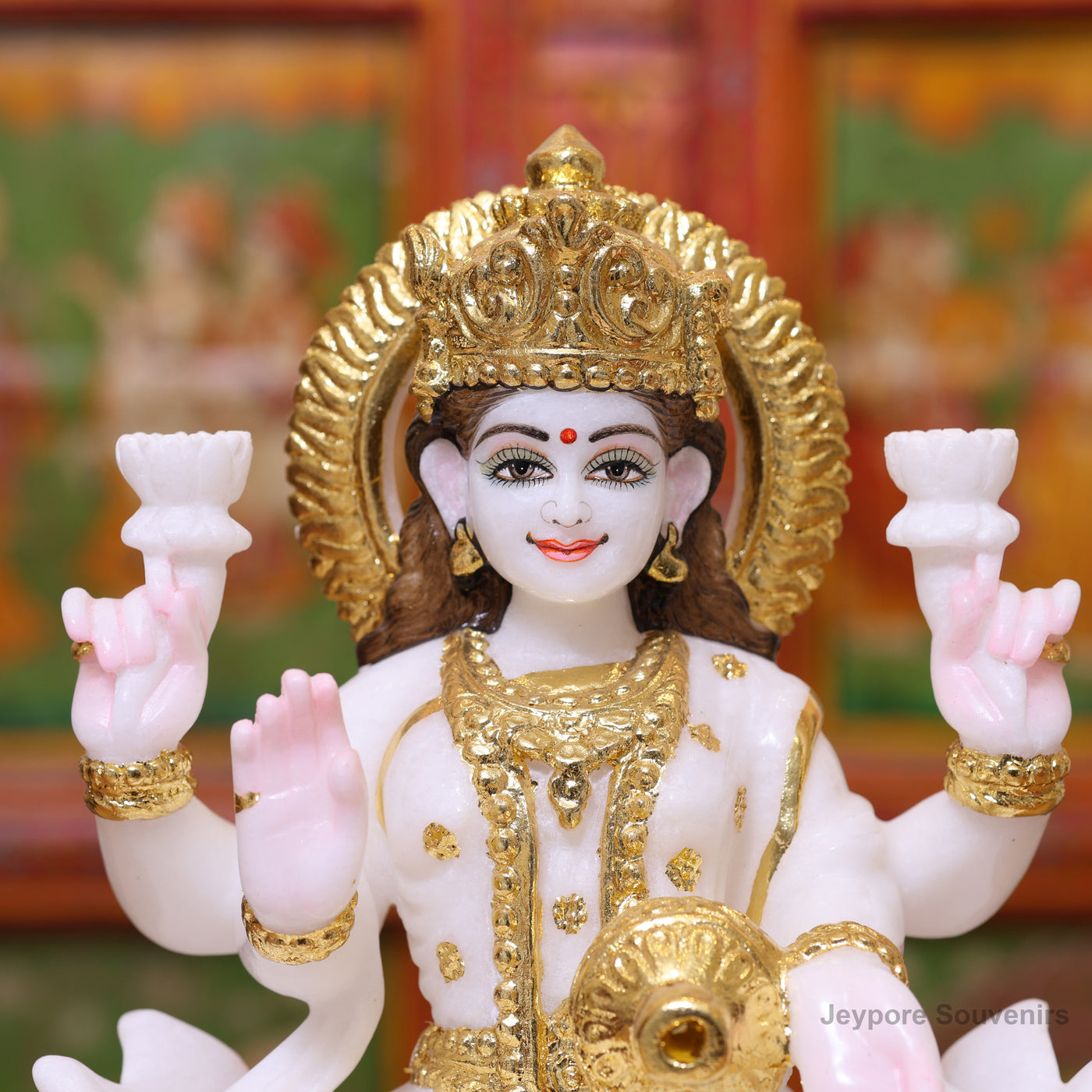 Exquisite 12" White Marble Goddess Lakshmi Statue with Real Gold Leaf Work