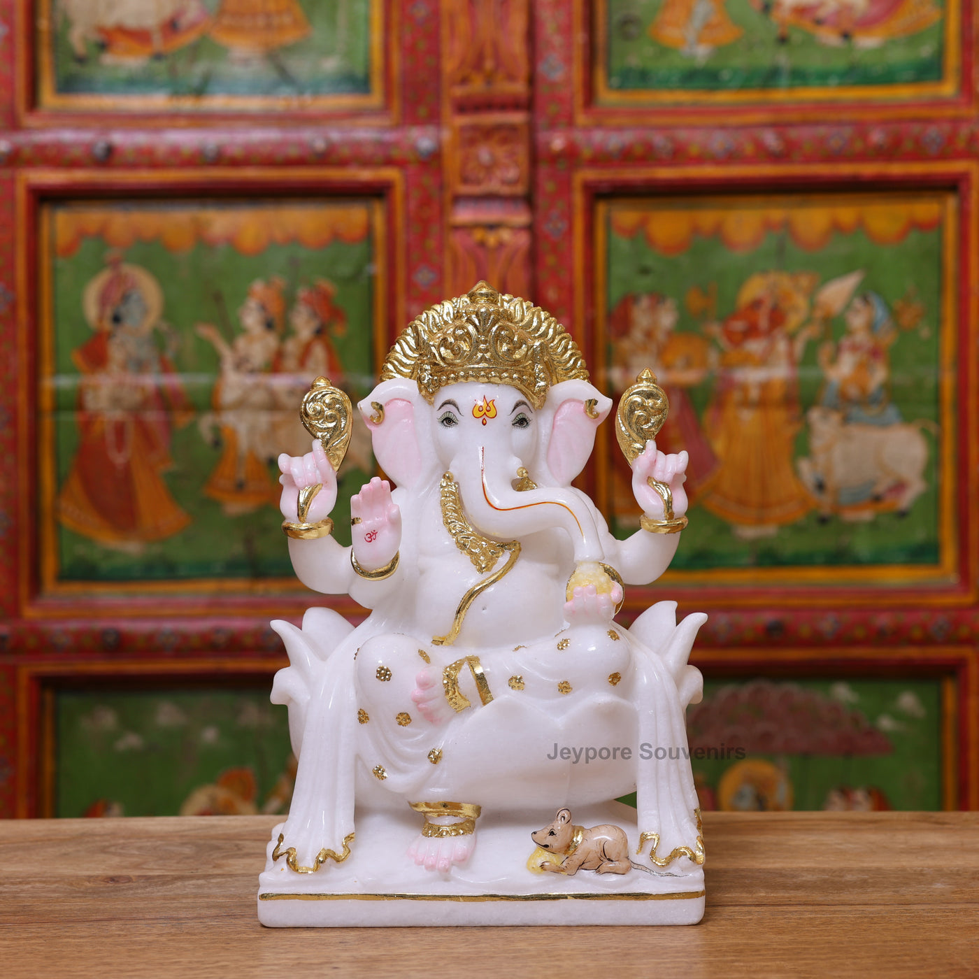 Exquisite 12" White Marble Lord Ganesha Idol with Real Gold Leaf Work