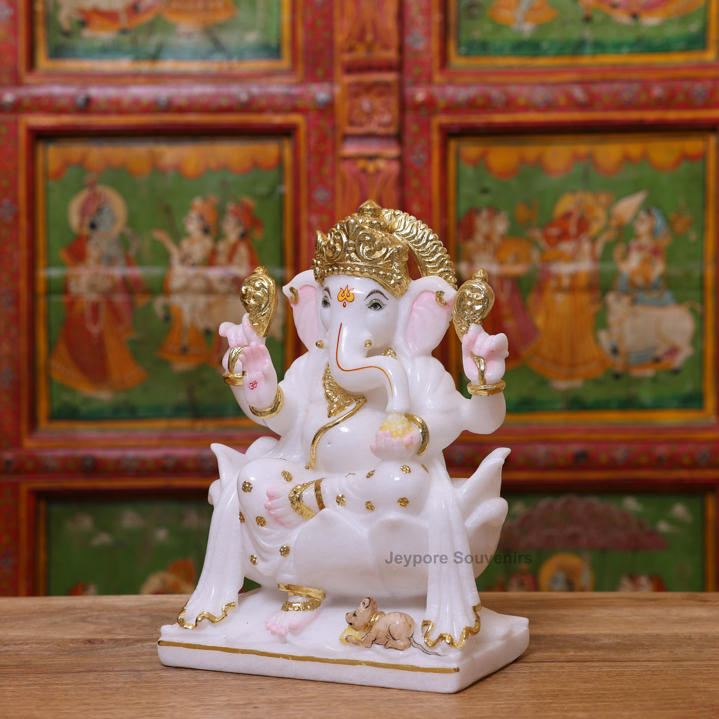 Exquisite 12" White Marble Lord Ganesha Idol with Real Gold Leaf Work