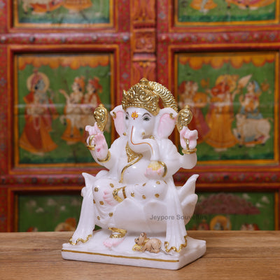 Exquisite 12" White Marble Lord Ganesha Idol with Real Gold Leaf Work