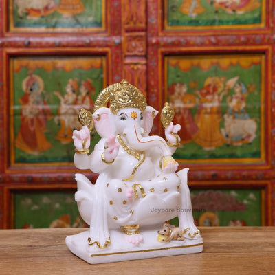 Exquisite 12" White Marble Lord Ganesha Idol with Real Gold Leaf Work