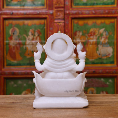 Exquisite 12" White Marble Lord Ganesha Idol with Real Gold Leaf Work