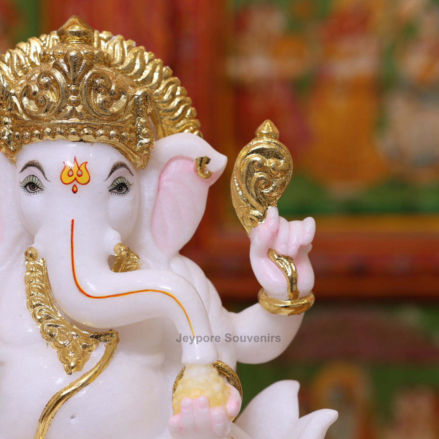 Exquisite 12" White Marble Lord Ganesha Idol with Real Gold Leaf Work