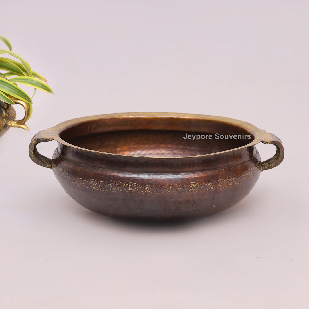 Hammered Brass Urli Bowl with Ethnic Floral border &amp; Side Handles