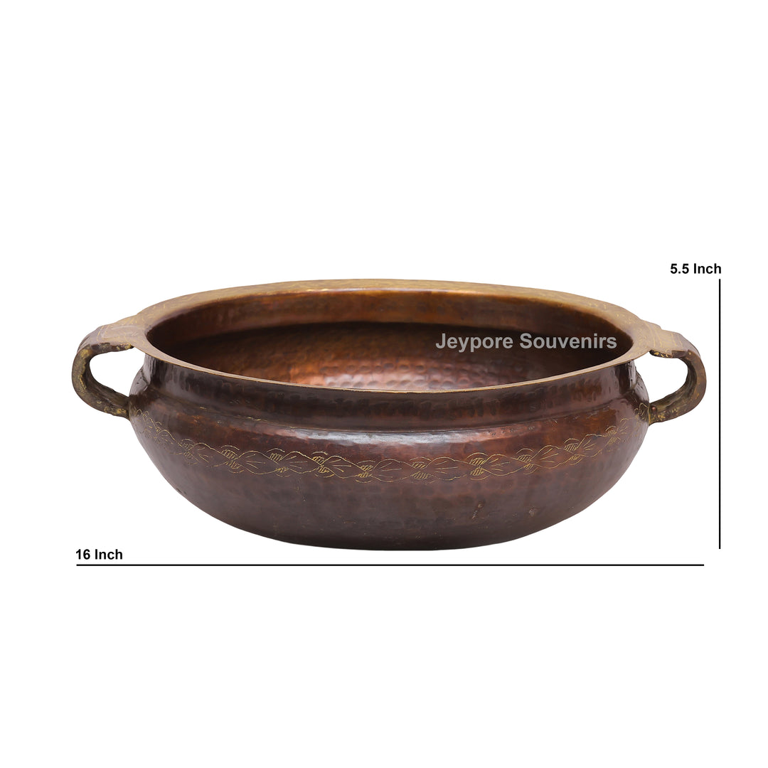 Hammered Brass Urli Bowl with Ethnic Floral border &amp; Side Handles