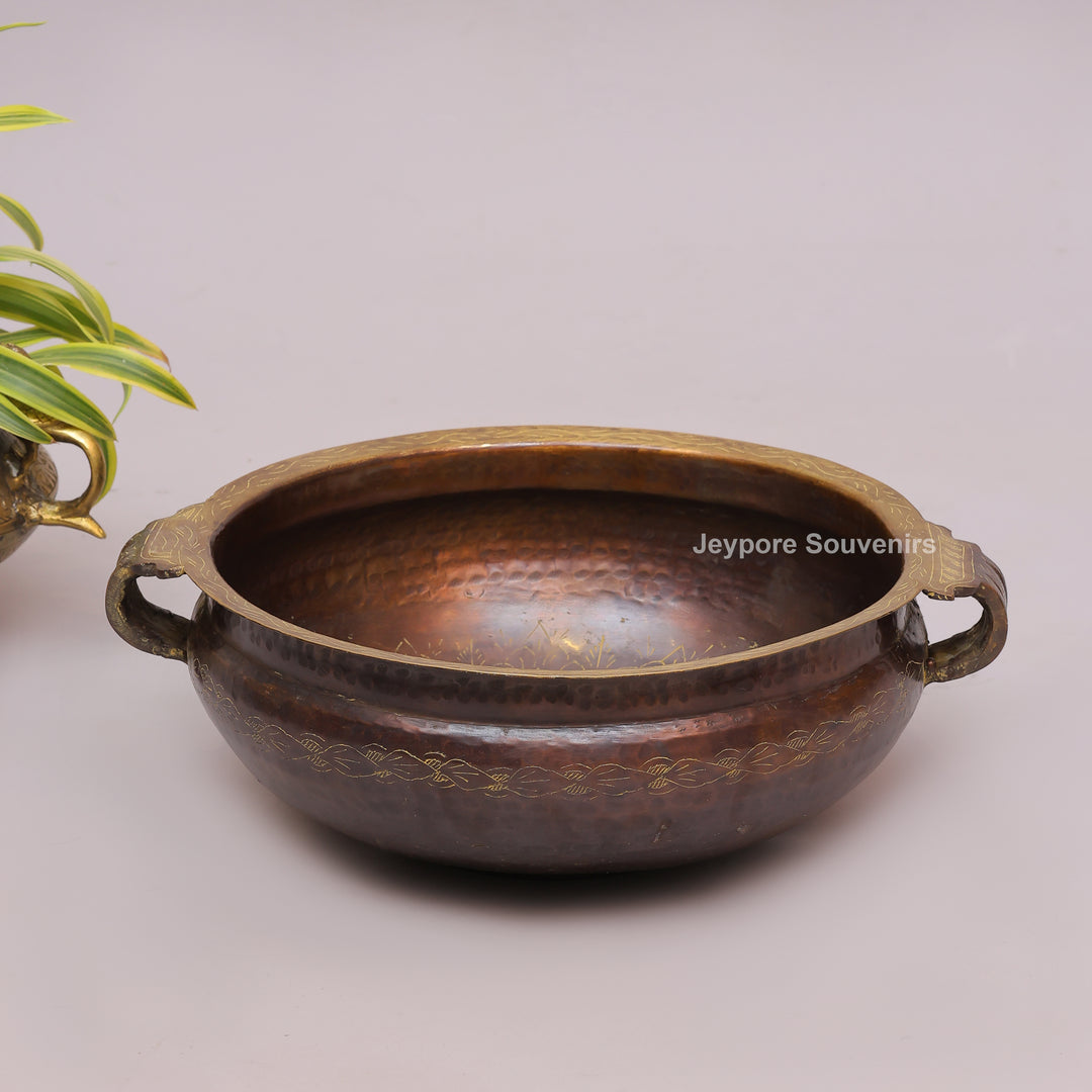 Hammered Brass Urli Bowl with Ethnic Floral border &amp; Side Handles