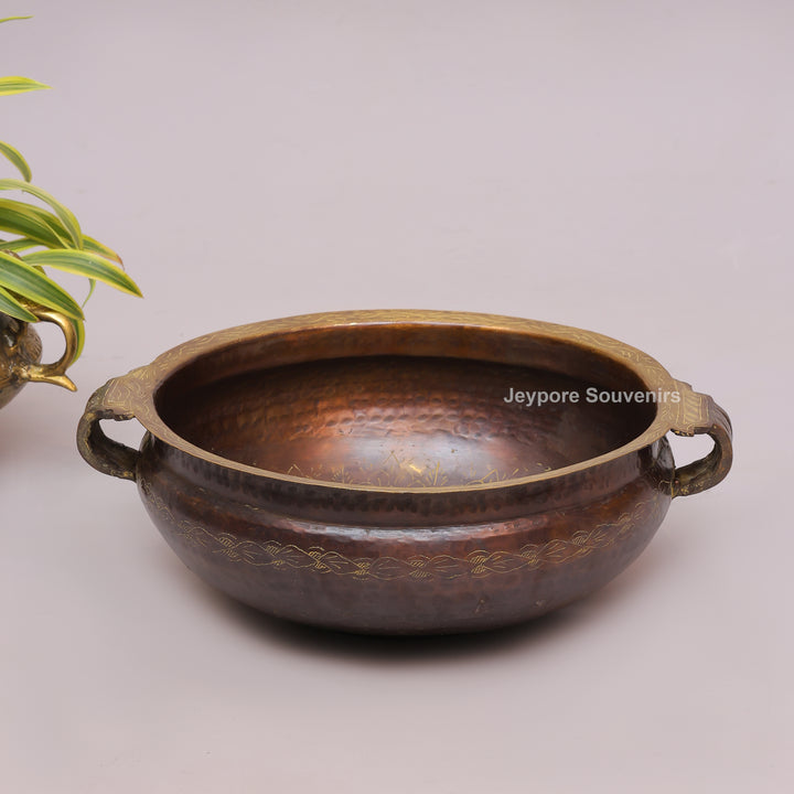 Hammered Brass Urli Bowl with Ethnic Floral border &amp; Side Handles