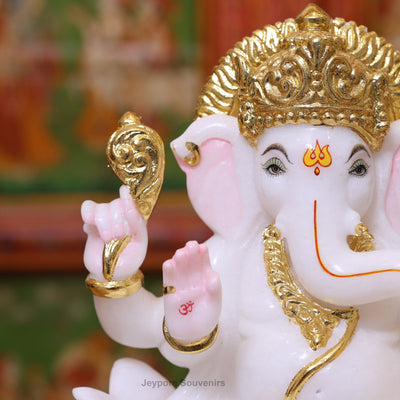Exquisite 12" White Marble Lord Ganesha Idol with Real Gold Leaf Work