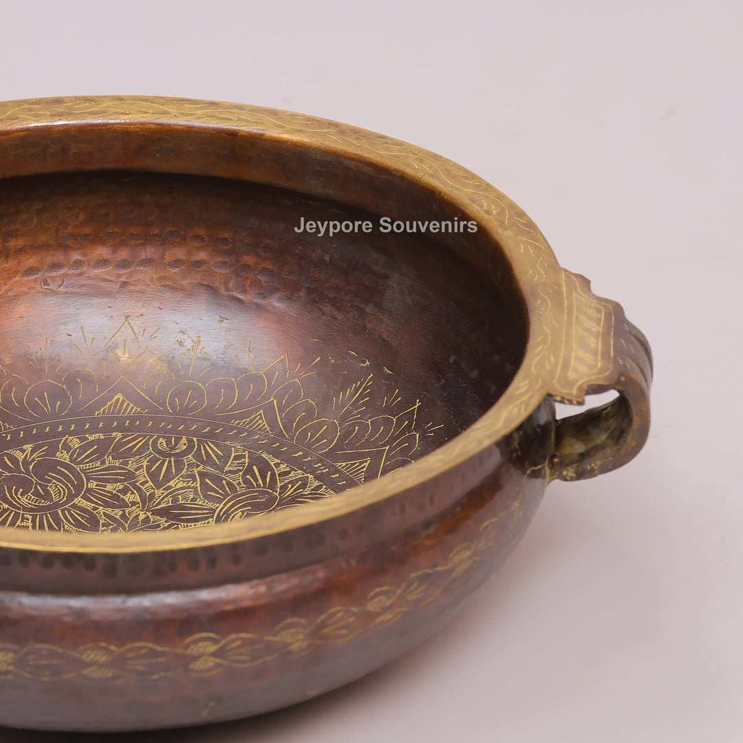 Hammered Brass Urli Bowl with Ethnic Floral border &amp; Side Handles