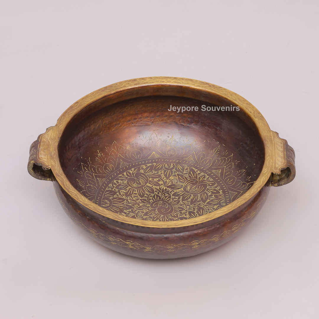 Hammered Brass Urli Bowl with Ethnic Floral border &amp; Side Handles