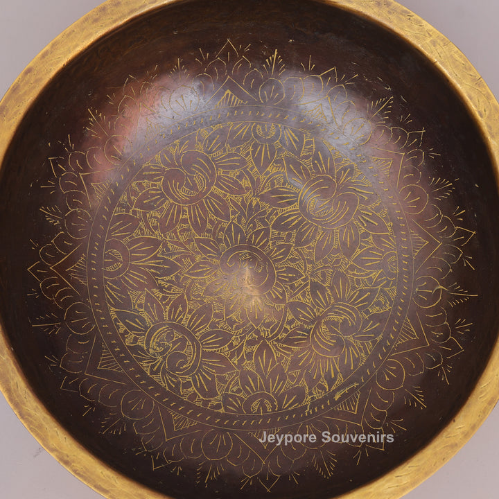 Hammered Brass Urli Bowl with Ethnic Floral border &amp; Side Handles
