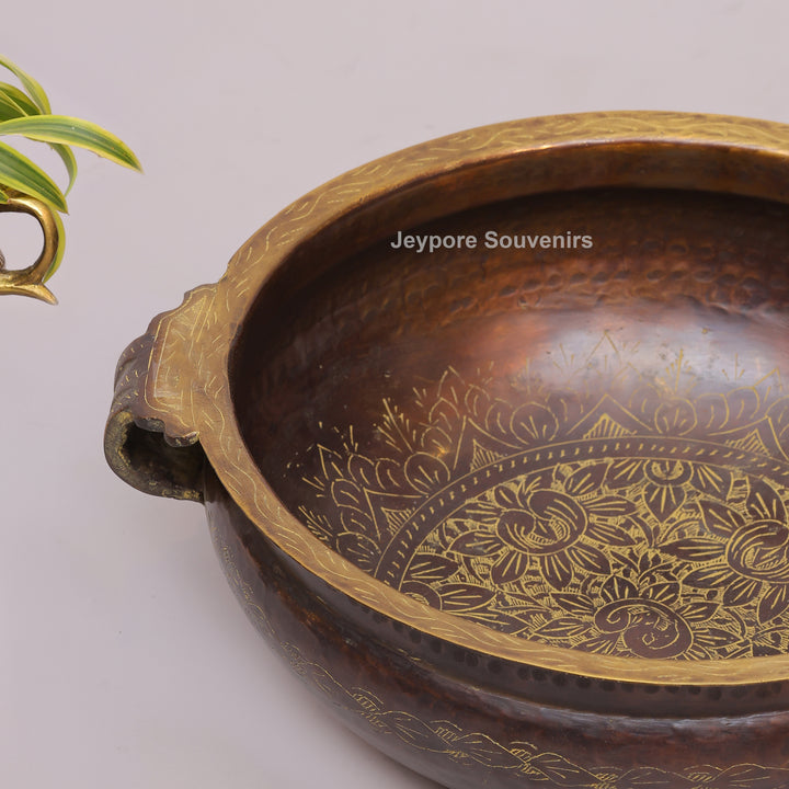 Hammered Brass Urli Bowl with Ethnic Floral border &amp; Side Handles