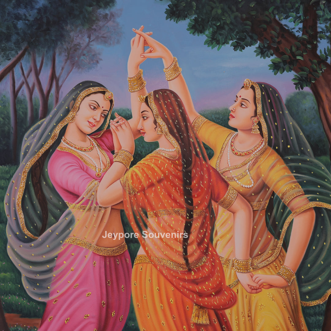 Raja Ravi Varma Inspired Three Dancing Ladies Canvas Painting