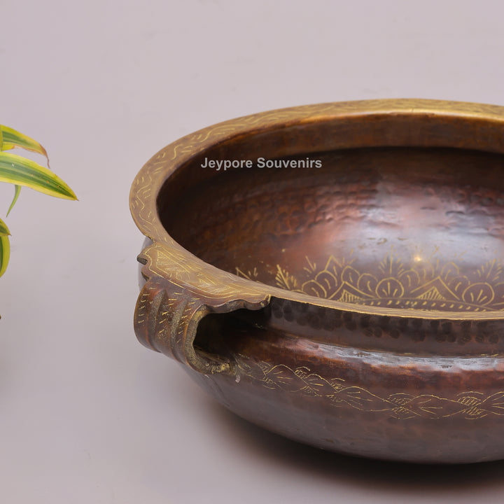 Hammered Brass Urli Bowl with Ethnic Floral border &amp; Side Handles